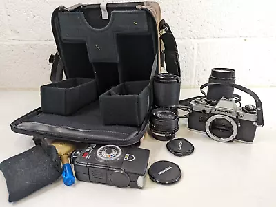 Vintage Olympus OM10 SLR Film Camera Bundle W Lenses / Miranda / Camera Bag Etc • £19.99