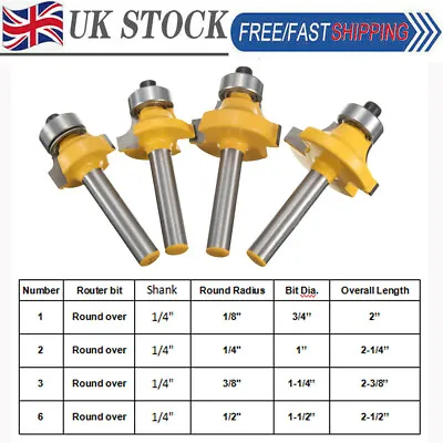 4X 1/4 Shank Round Over Router Bit 1/2  3/8  1/4  1/8  Radius Woodworking Cutter • £10.59