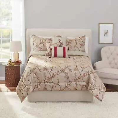 $48.59 • Buy Mainstays 7-Piece Cherry Blossom Jacquard Comforter Set, Red And Tan, Full/Queen