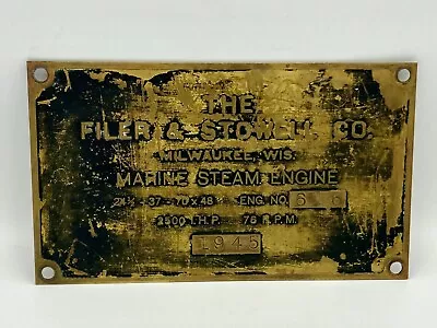 1945 Liberty Ship Marine Steam Engine Brass ID Plate Filer & Stowell Co. No. 616 • $20