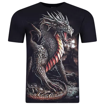 WILD Gothic Black T Shirt Short Sleeve Printed Biker Dragon Rocker Reaper Skull • £19