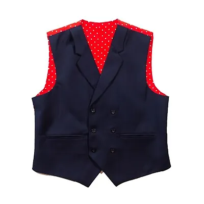 Mens Vest Suit Lapel Double Breasted Blue Wool Red Polka Dot Waistcoat Large 42 • $39.99
