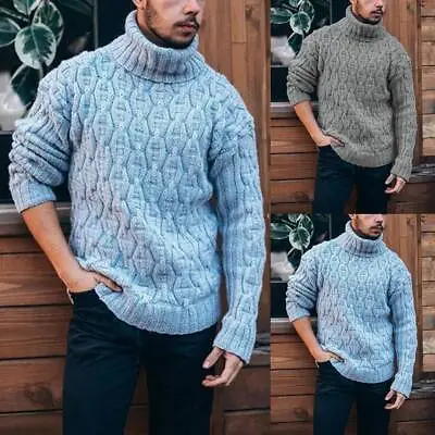 Mens Chunky Cable Knitted Sweater Winter Warm Jumper Top High Roll Neck Knitwear • £4.59