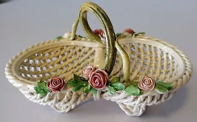 Italian Porcelain Lattice Woven Rose Vine Handle Wedding Petal Basket Vintage • $27.20