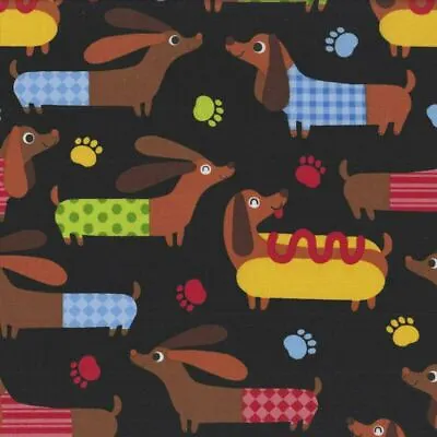 Hot Dog Dachshunds Black Cotton Quilting Fabric 1/2 YARD • $9.68