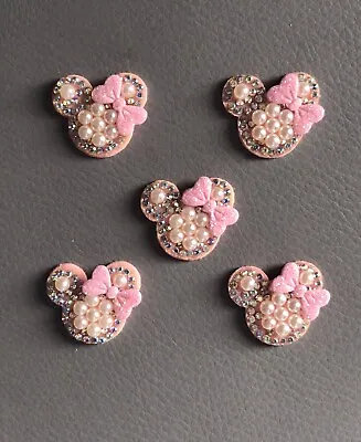 5 Pink Padded Rhinestone & Pearl 25mm Minnie Mouse & Bow Flatbacks • £3.99