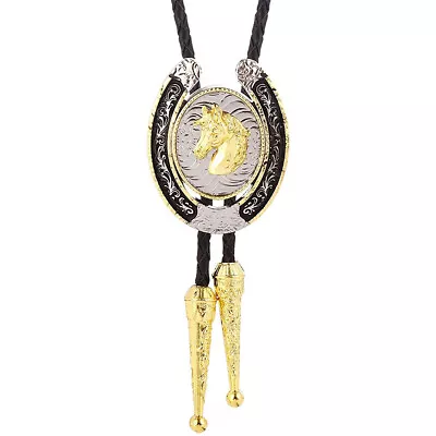 Bolo Tie For Men- Western Cowboy Native American Golden Horse Leather Necktie • $12.99