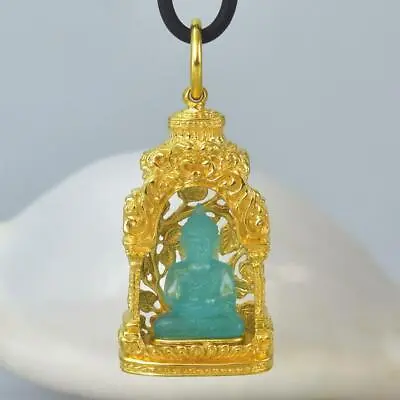 Buddha Statue Gold Vermeil Sterling Pagoda Blue Chalcedony Pendant Amulet 15.05g • $244