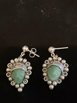 Vintage Mayan Pierced Earrings W/ Green Stones (EB305) • $29