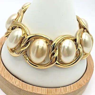 Vintage Gold Tone Faux Mabe Pearl Bracelet 1980s Glam Career Wear Dynasty • $30