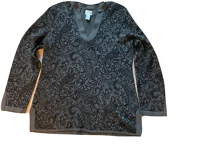 £15.55 • Buy CHICO'S Black Gray Baroque Print Metallic Silver Sweater Slit Neck, 2-(Large)
