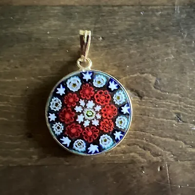 Millefiori Art Murano Glass Circle Golden Pendant White Blue Red Flowers/stars • $15