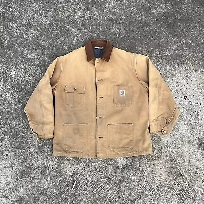 VTG Carhartt Chore Coat Jacket Sz Large Vintage Made In USA Camel 1970s 70s • $100