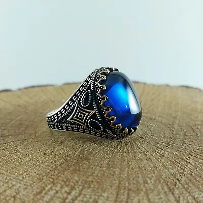 925 Sterling Silver Handmade Engraved Men's Ring With Oval  Blue Sapphire Stone • $63