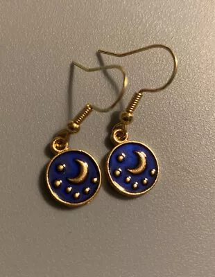 Handmade Tiny Night Sky Stars And Moon Dangle Drop Blue And Gold Earrings • $3