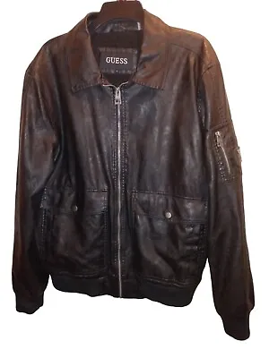 Guess Bomber Faux Leather Jacket 54163 Black Faux Fur Lining Flap Pockets Mens L • $28.95