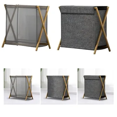 Folding Laundry Basket Washing Clothes Storage Bin Bag Hamper Bamboo Wood Stand • £13.94