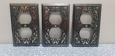 3 Antique Brass Tone METAL OUTLET Wall PLATE COVER Ornate FLORAL FILIGREE • $23.95