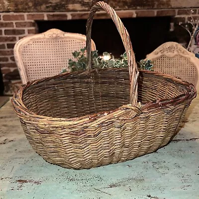 LARGE Vintage Hand Woven Basket With Handle 13 X 17 X 15” Tall • $38.99