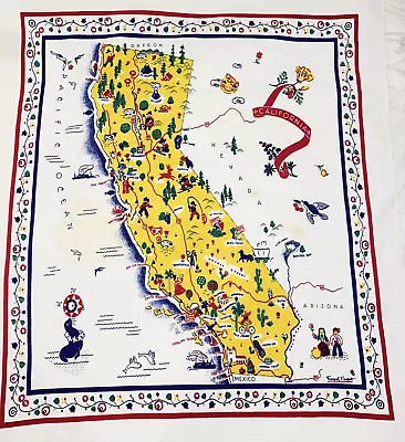 1950s Printed Cotton Tablecloth CALIFORNIA Souvenir Map 51 X 60 Margaret Newport • $25