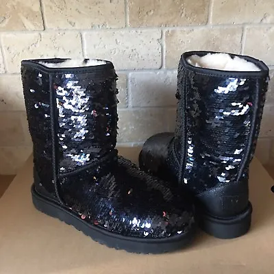 UGG Classic Short Black Sparkles Sequin Sheepskin Boots Size US 7 Womens • $169.99