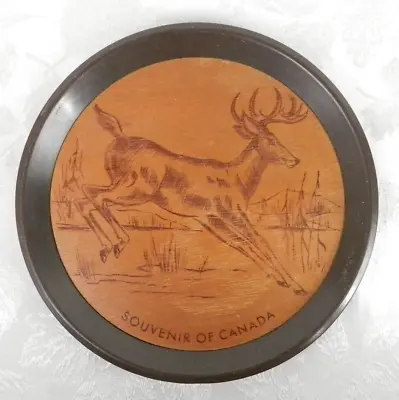 Vtg Wood Round Serving Tray Canada Hunting Deer Buck Doe 1970's Lodge Cabin 11  • $13.99