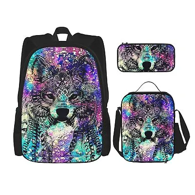 Magic Wolf Galaxy Kids School Backpack Cooler Lunch Bag Double-Layer Pen Bag Lot • $83.58