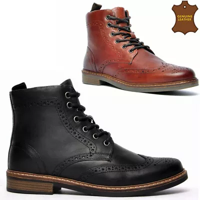 Mens Leather Boots Brogue Smart Formal Combat Lace New Army Ankle Boots Shoes • £32.95