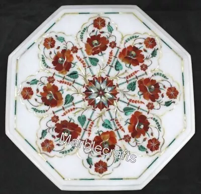 15 Inches Floral Pattern Inlay Work Coffee Table Top White Marble Corner Table • $338.30