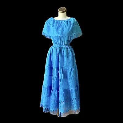 Vintage 70s Mexican Blue Floral Dress Crochet Lace Boho S/M • $78