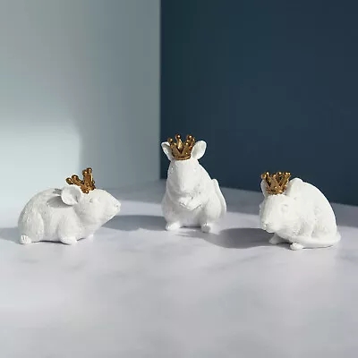 £11.69 • Buy Set Of 3 Small White Resin Mice Ornaments Gold Crowns Mouse Figures Statues 