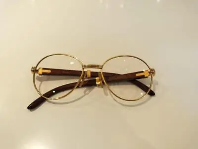 $1800 • Buy Vintage Cartier Trinity Wood Temple Round Eyeglasses Sunglasses Gray Color Lens