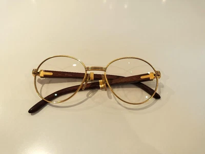 $1800 • Buy Vintage Cartier Trinity Wood Temple Round Eyeglasses Sunglasses Gray Color Lens