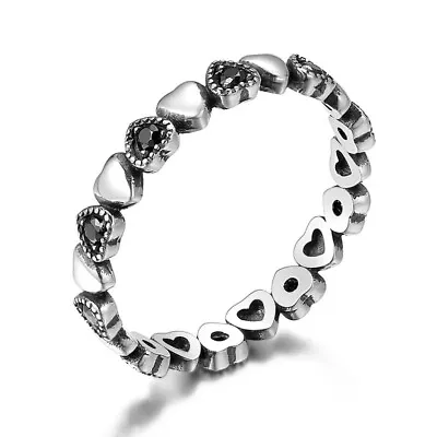 💖 Love Heart Ring Genuine 925 Sterling Silver Black Cubic Zirconia Sizes J-R 💖 • £15.99