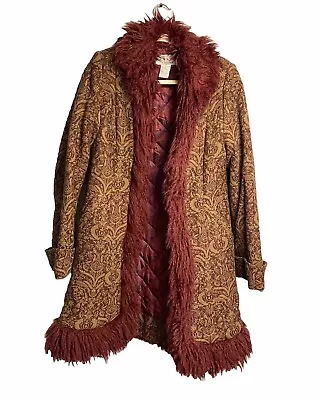 Vintage 1960s Tapestry Wool Fur Coat Boho Penny Lane Afghan Burgundy Gold Medium • $436.83