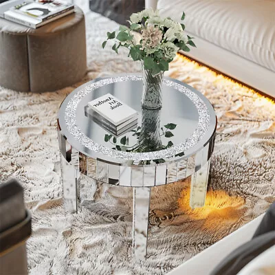 Mirrored Coffee Table W/ Crystal Inlay Modern Round Silver Glass Side End Table • $164.90