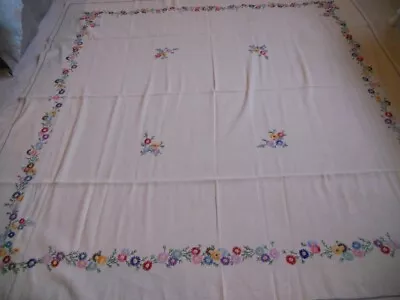 Vintage Italian Hand Embroidered Tablecloth ~Linen Beige 66 Square • $45