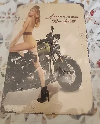 Sexy Woman Posing With Motorcycle Metal Tin Sign  • $9.99