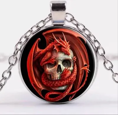 £3.95 • Buy Tibet Silver Red Dragon And Skull Cabochon Glass Pendant Necklace Halloween