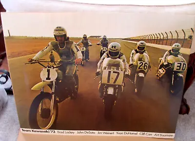 ORIGINAL 1973 KAWASAKI RACING TEAM VINTAGE MOTORCYCLE POSTER 2-Side W Pkg 17x22 • $57.95