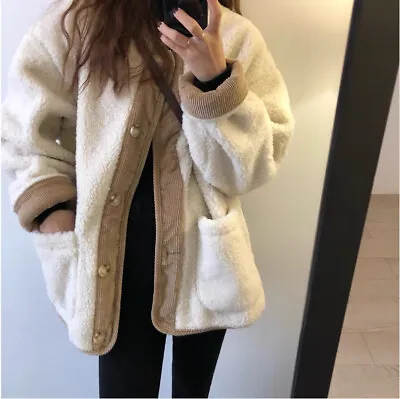 Womens Korean Fashion Round Neck Corduroy Splice Faux Fur Jacket Warm Outwear • $103.89