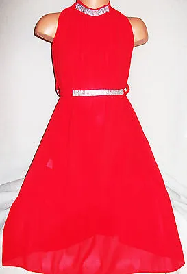 £14.99 • Buy GIRLS RED DIAMONTE TRIM GRECIAN FULL LENGTH CHIFFON MAXI DRESS With TIE BELT