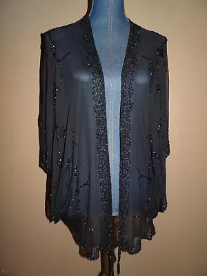 Vintage SCALA Black Beaded Dressy 100%  Silk Open Kimono Cardigan Jacket Size 1X • $55