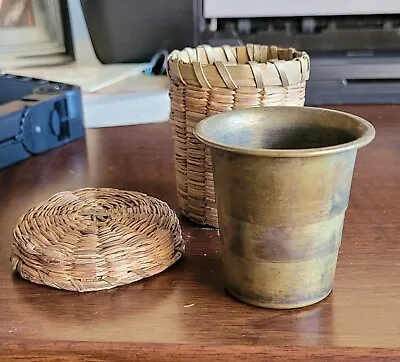 WWII Collapsible Metal Drinking Cup W/ Rattan Case Soldiers Cup • $19