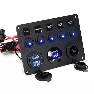 5 Gang Blue 12V LED Rocker Switch Panel Breakers Voltmeter Car Marine Boat Truck • $29.94