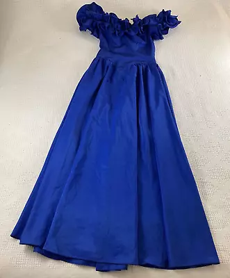 Royal Blue Gown Sz8 Formal Fit N Flare Maxi Dress Ruffled Shoulders Vintage  • $70.67