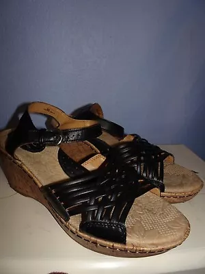 BOC Born Concepts Black Cork Wedge Strappy Buckle Sandals Size 8M • $25