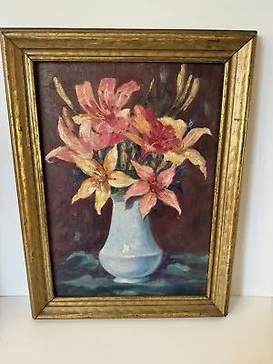 MCM Original Oil On Board Still Life Flowers In Blue Vase • $69