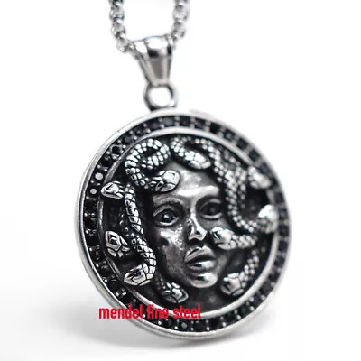 MENDEL Mens Hip Hop Black CZ Greek Medusa Snake Pendant Necklace Stainless Steel • $12.99