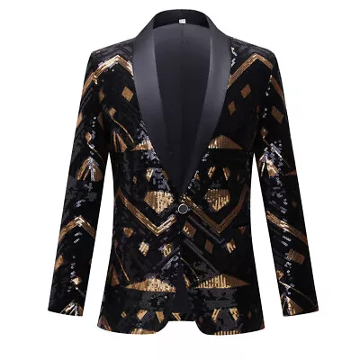 Mens Black Gold Sequined Suit Jacket Performance Dress Host Nightclub Slim Coats • $68.72